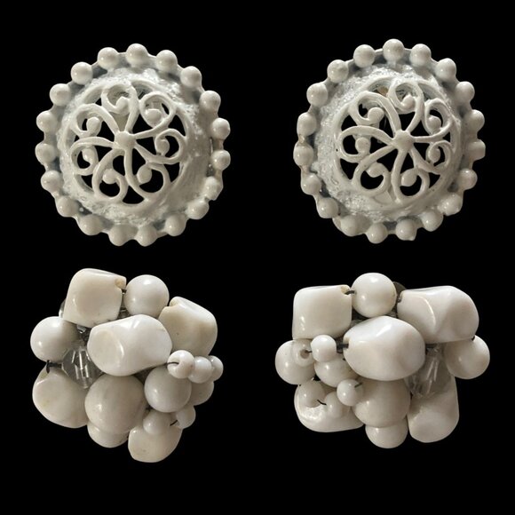 Vintage White Clip On Earrings Lot Of 2 Enamel Filigree Beaded Cluster Feminine - Picture 1 of 8